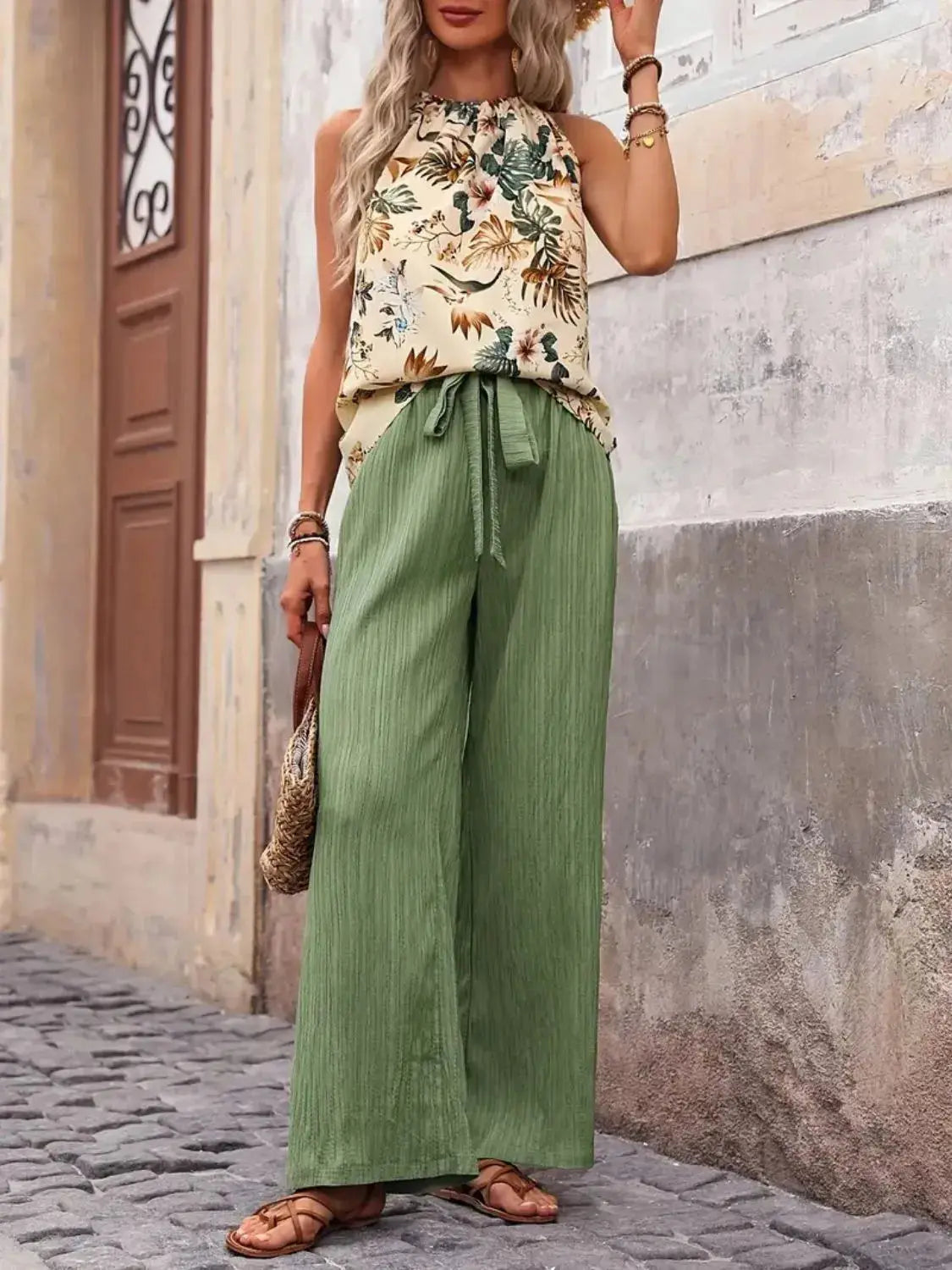 Printed Tank Top and Wide Leg Pants Set  Style Ratio