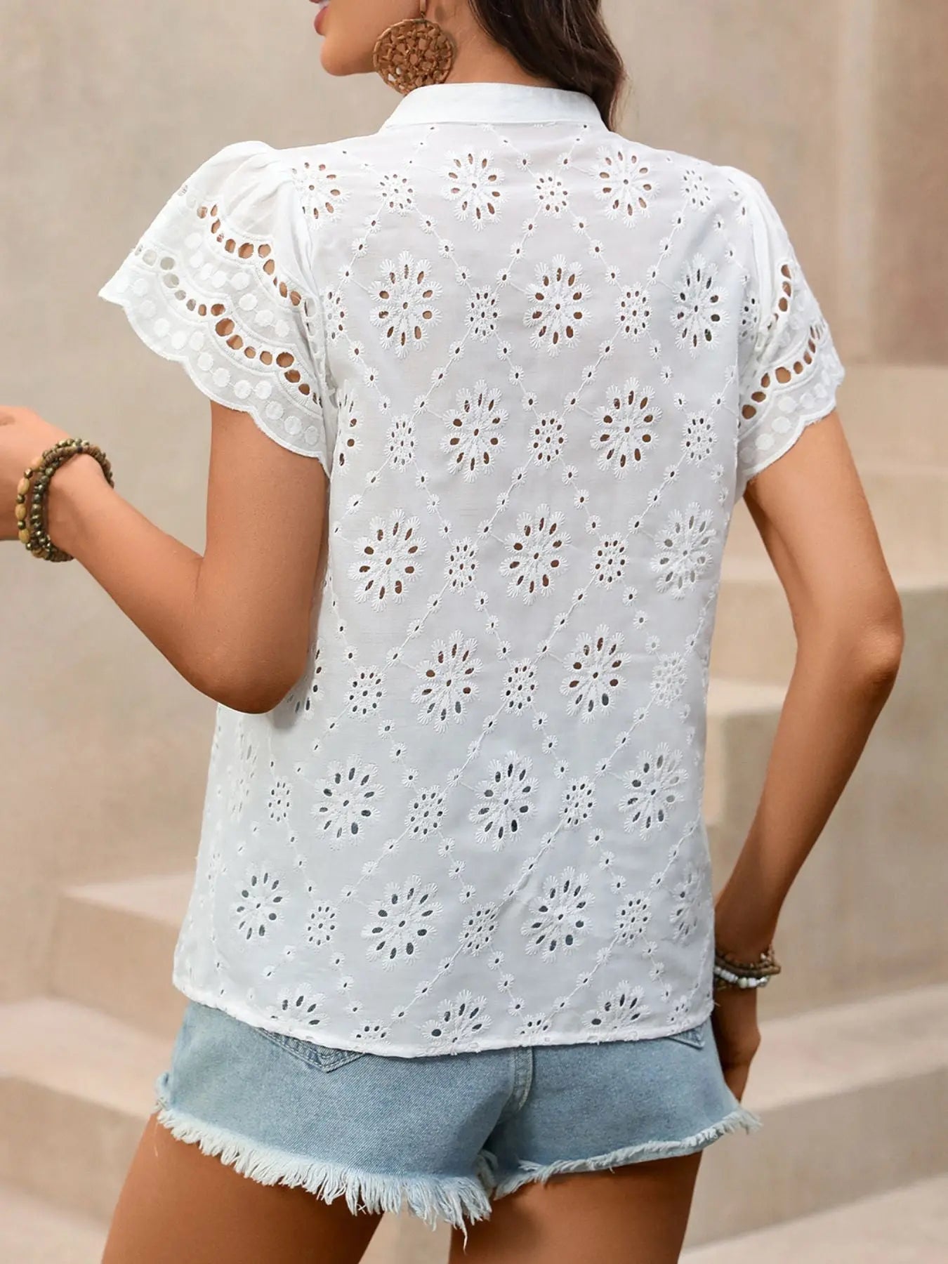 Eyelet Embroidered Button Up Blouse  Style Ratio