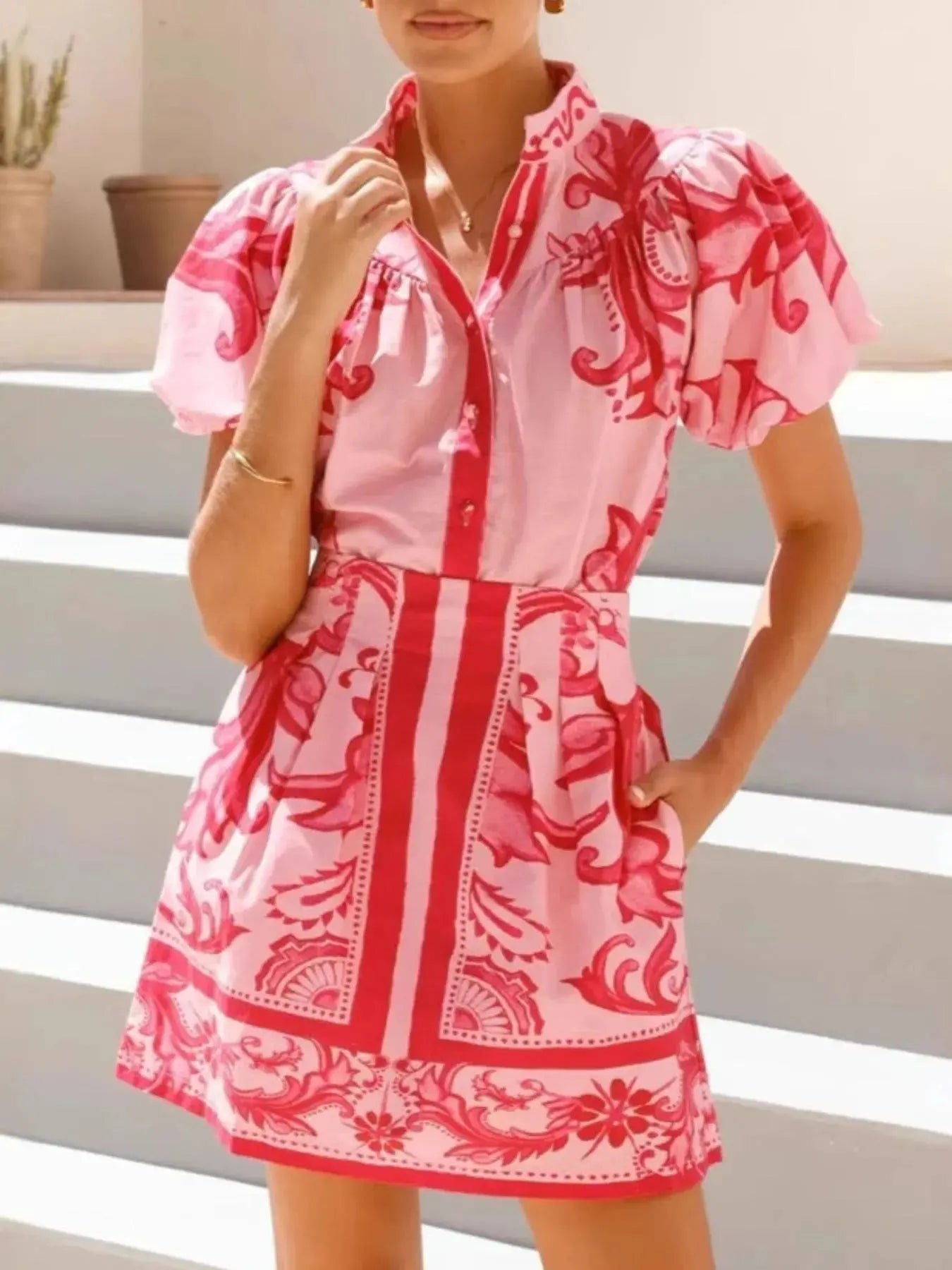 Printed Puff Sleeve Top and Skirt Set  Style Ratio