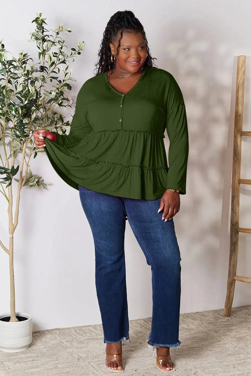 Double Take Half Button Long Sleeve Ruffle Hem Blouse  Style Ratio