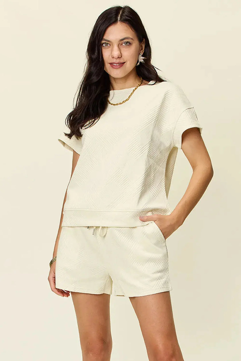 Double Take Full Size Texture Short Sleeve T-Shirt and Drawstring Shorts Set  Style Ratio