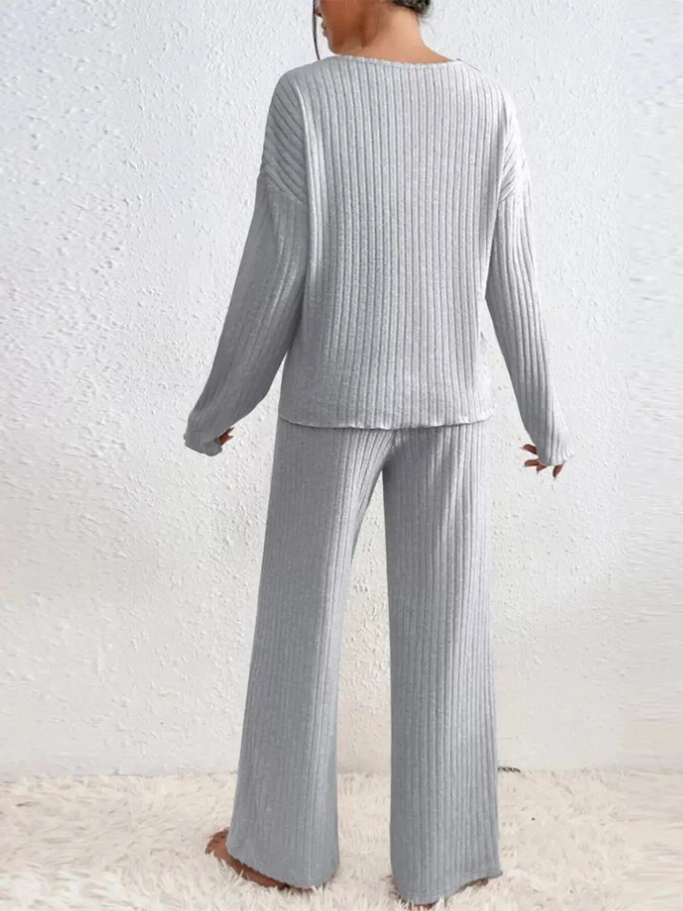 Ribbed V-Neck Top and Pants Loungewear  Style Ratio