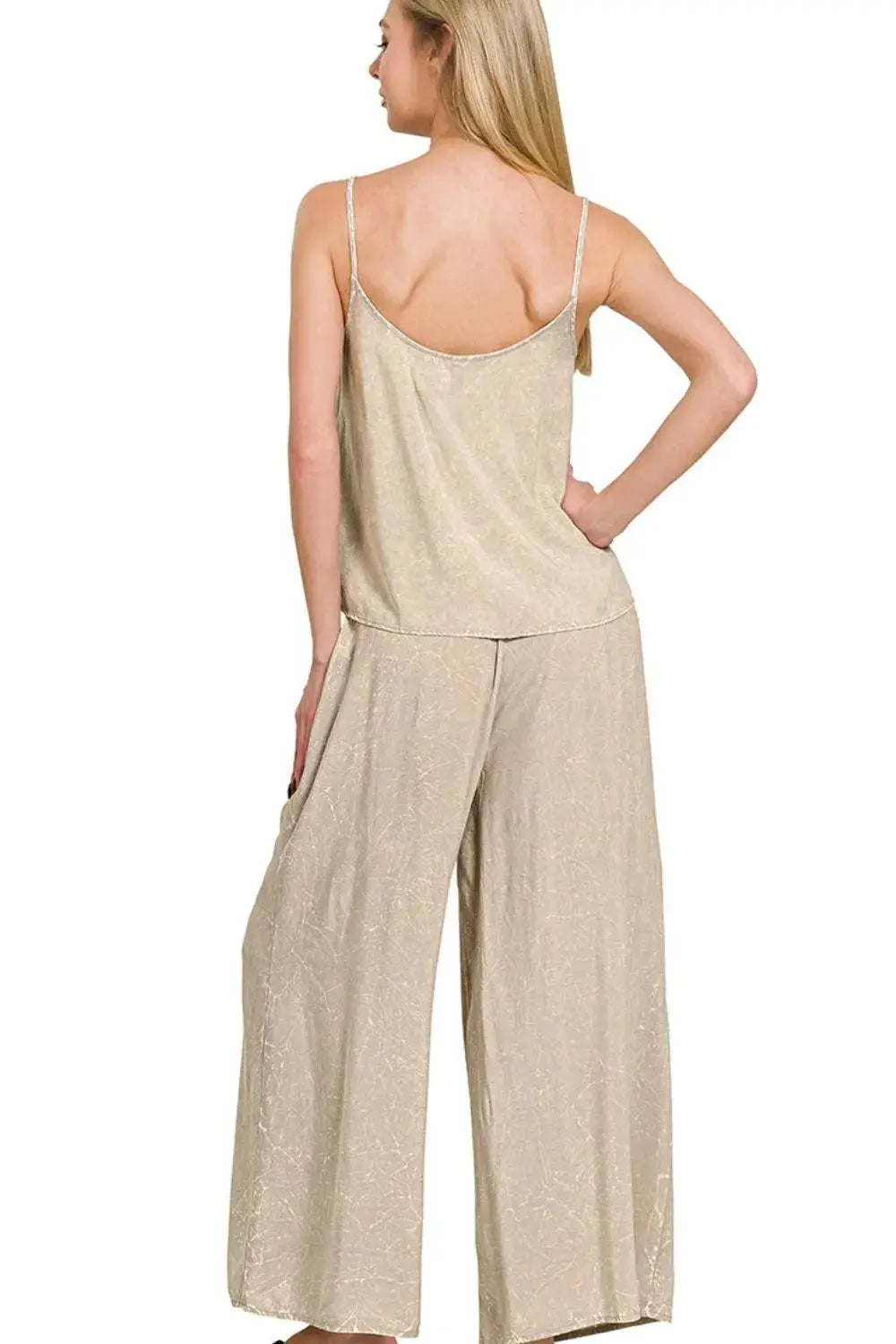 Zenana Woven Acid Crinkle Washed Cami & Pants 2 Piece Set  Style Ratio