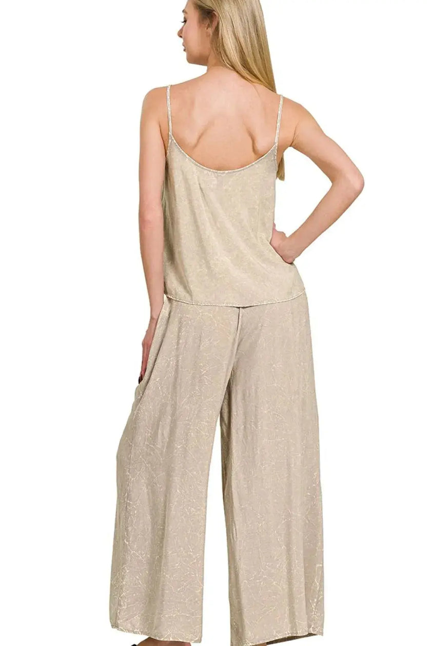 Zenana Woven Acid Crinkle Washed Cami & Pants 2 Piece Set  Style Ratio