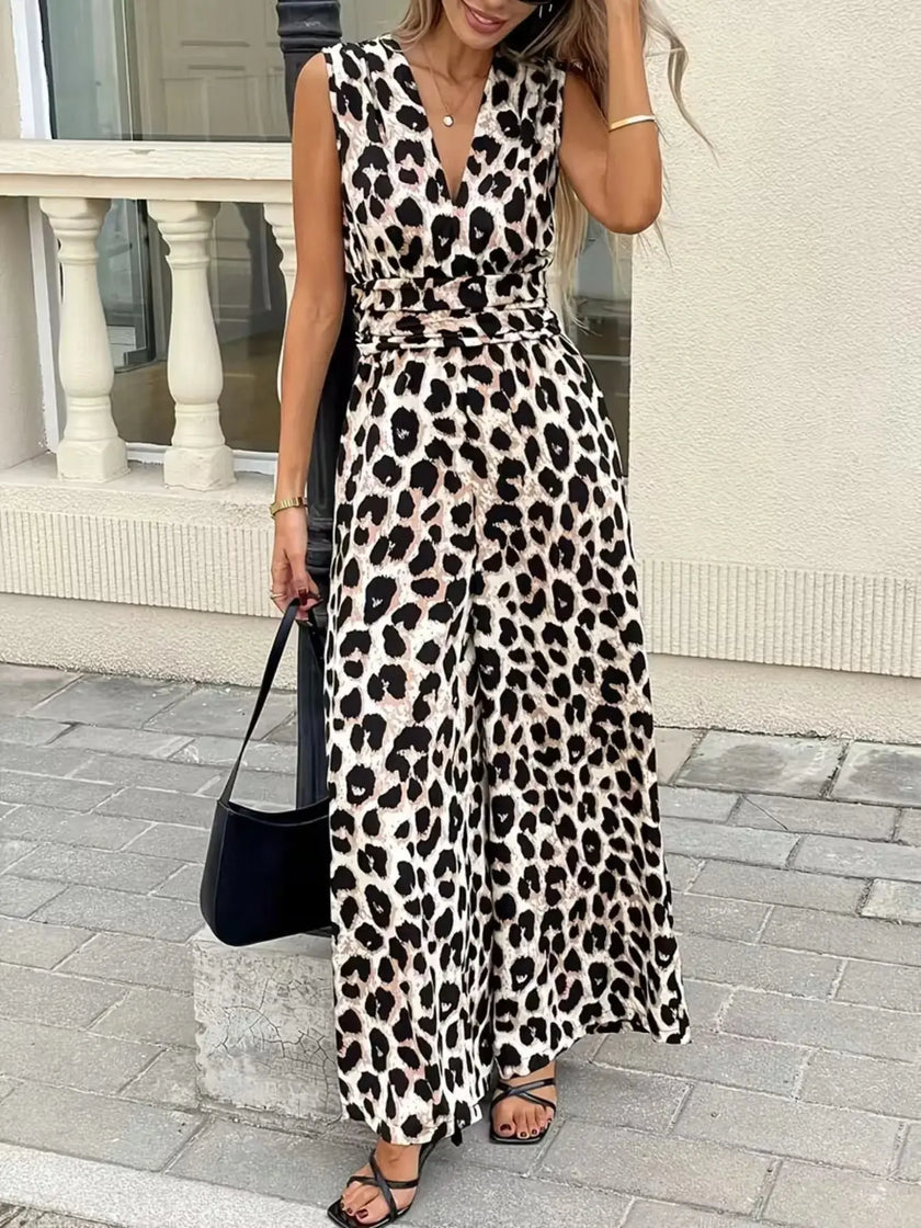 Sleeveless V Neck Leopard Print Jumpsuit  Style Ratio