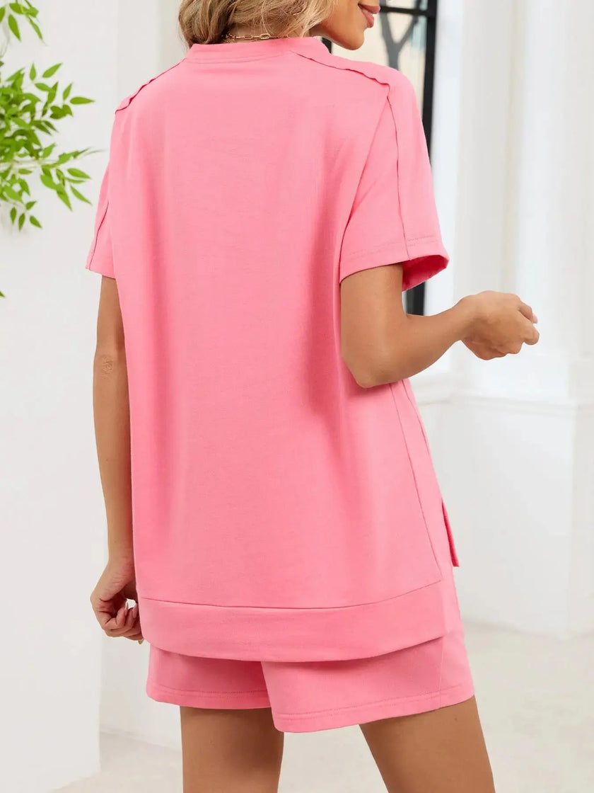 Round Neck Short Sleeve Shirt and Shorts Loungewear  Style Ratio