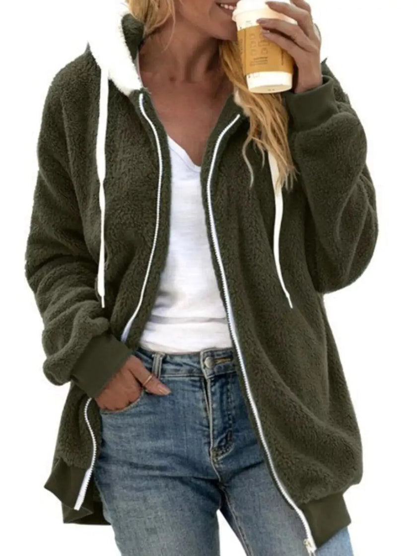 Full Size Cozy Fleece Zip-Up Hooded Jacket  Style Ratio