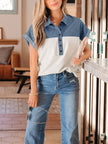 Color Block Denim Patchwork Button Polo Collar Short Sleeve Top  Style Ratio