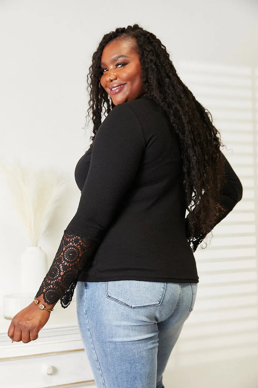 Double Take Crochet Lace Hem Sleeve Button Long Sleeve Top  Style Ratio