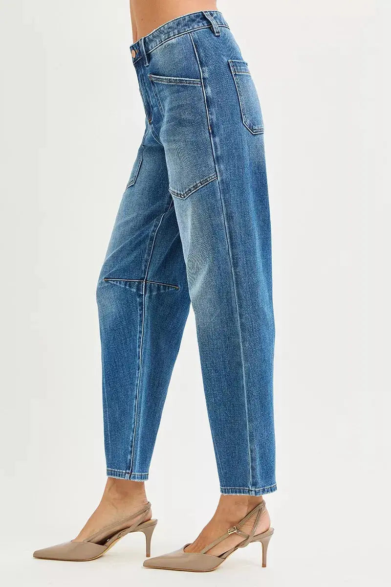 RISEN 4 Way Stretch Mid Rise Barrel Jeans with Patch Pocket Detail  Style Ratio