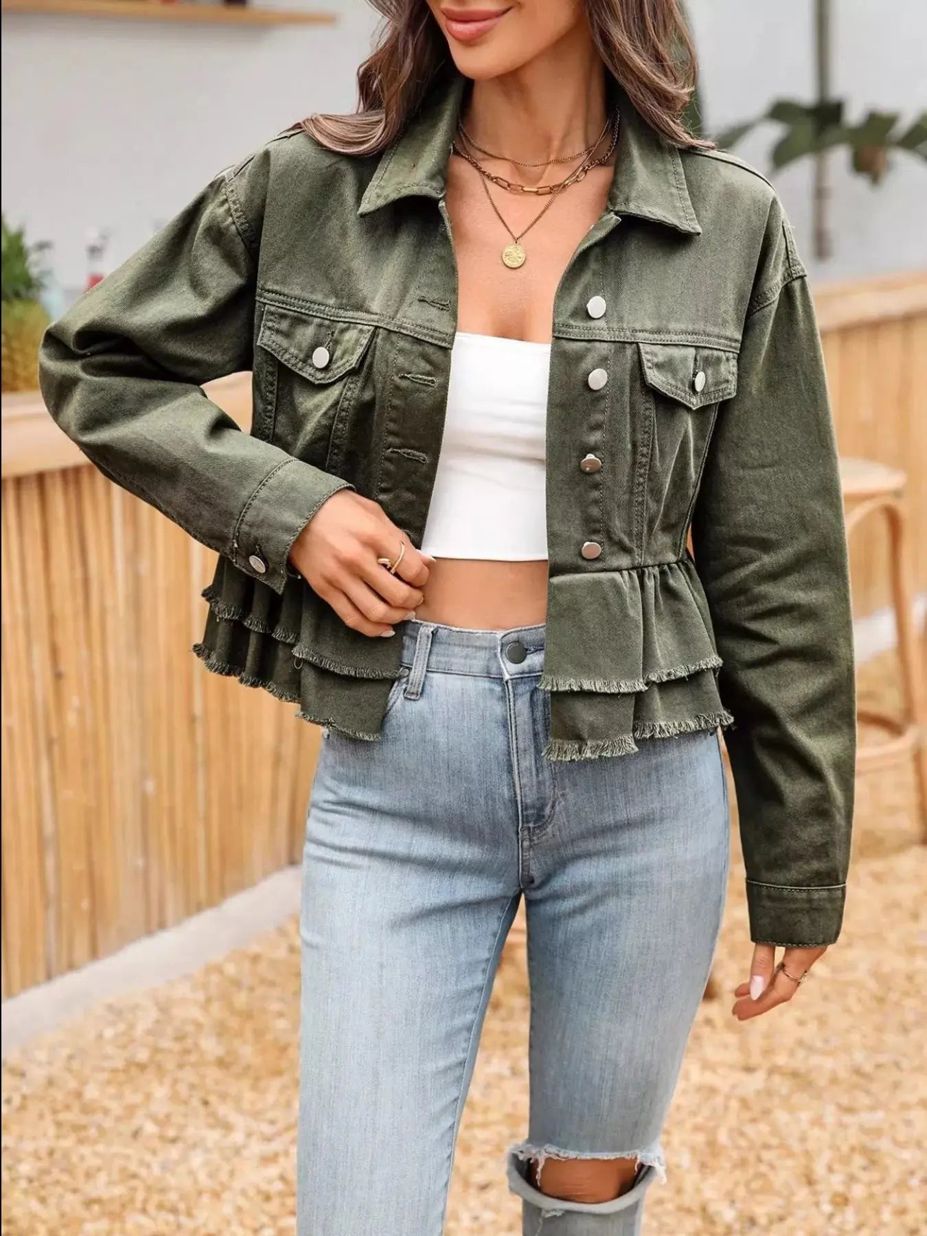 Ruffle Raw Hem Denim Jacket  Style Ratio