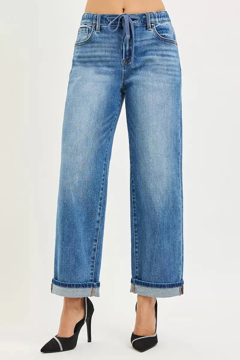 RISEN Elastic Band Slouch Ankle Boyfriend Cuffed Hem Jeans  Style Ratio