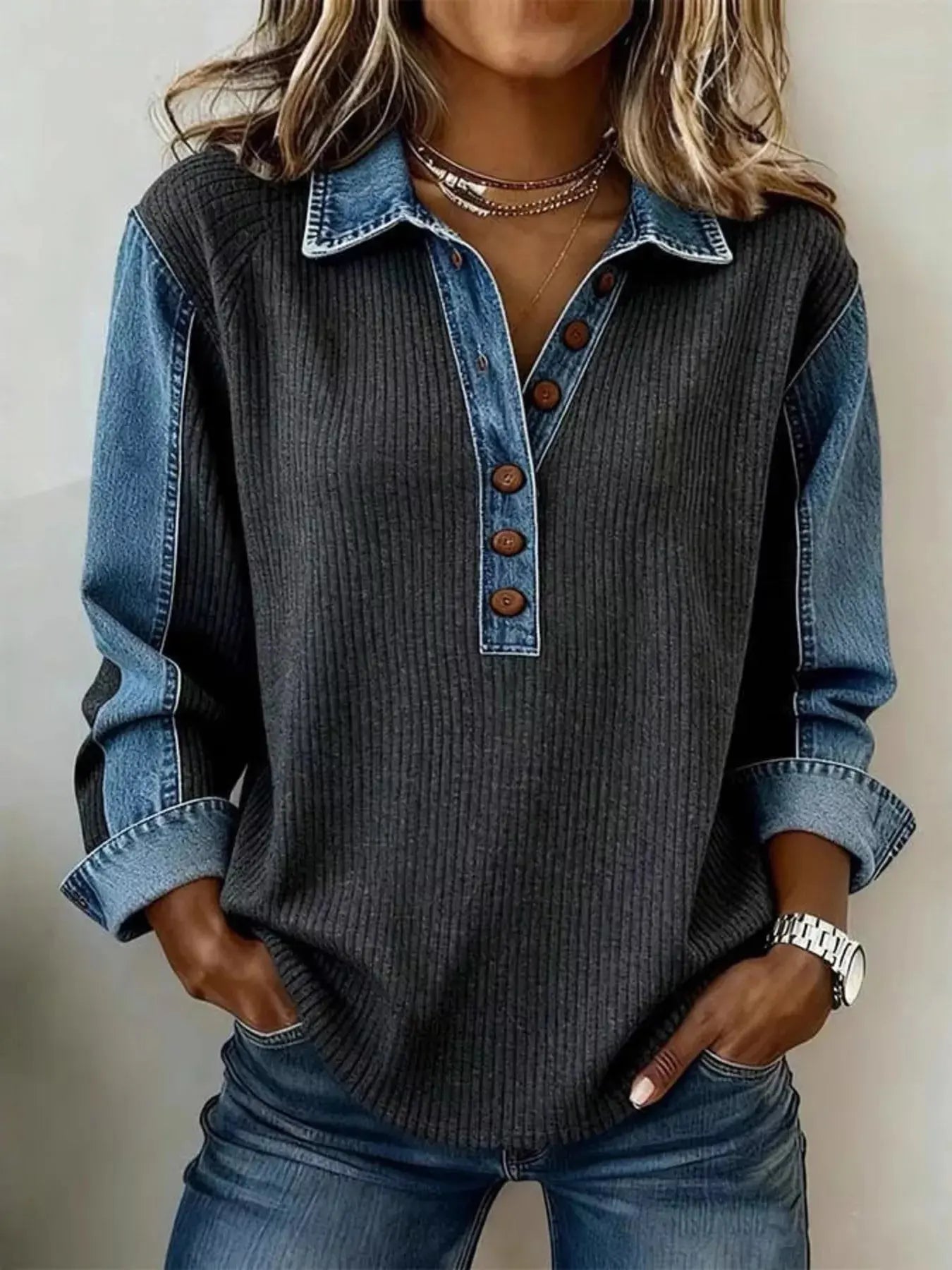 Denim Trim Button Detail Sweatshirt  Style Ratio