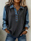 Denim Trim Button Detail Sweatshirt  Style Ratio
