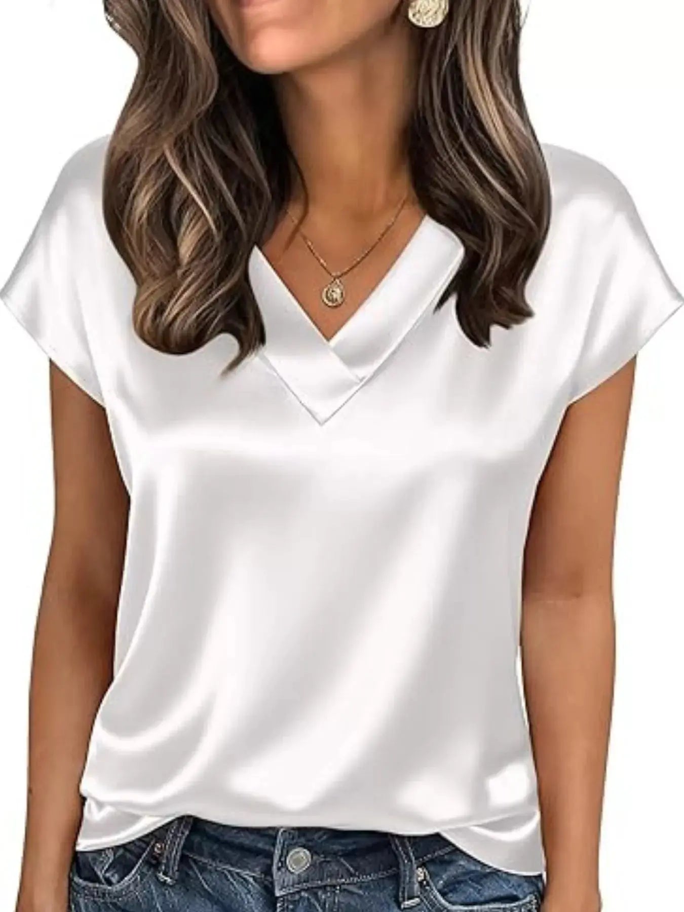 Satin V-Neck Short Sleeve Blouse  Style Ratio