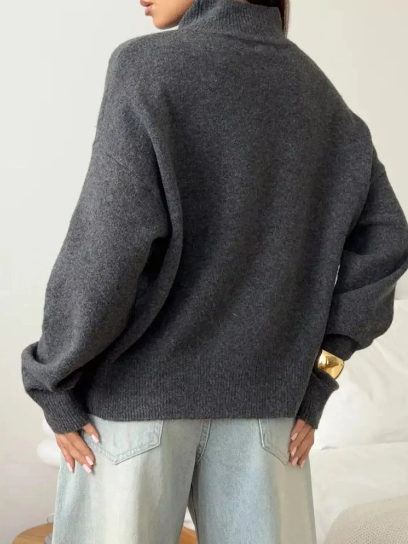 Mock Neck Dropped Shoulder Sweater  Style Ratio