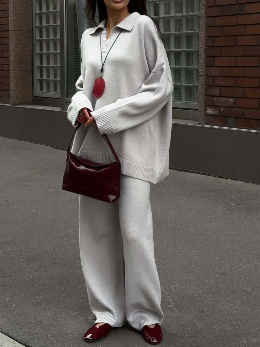 Polo Collar Top and Wide Leg Pants Knit Set  Style Ratio