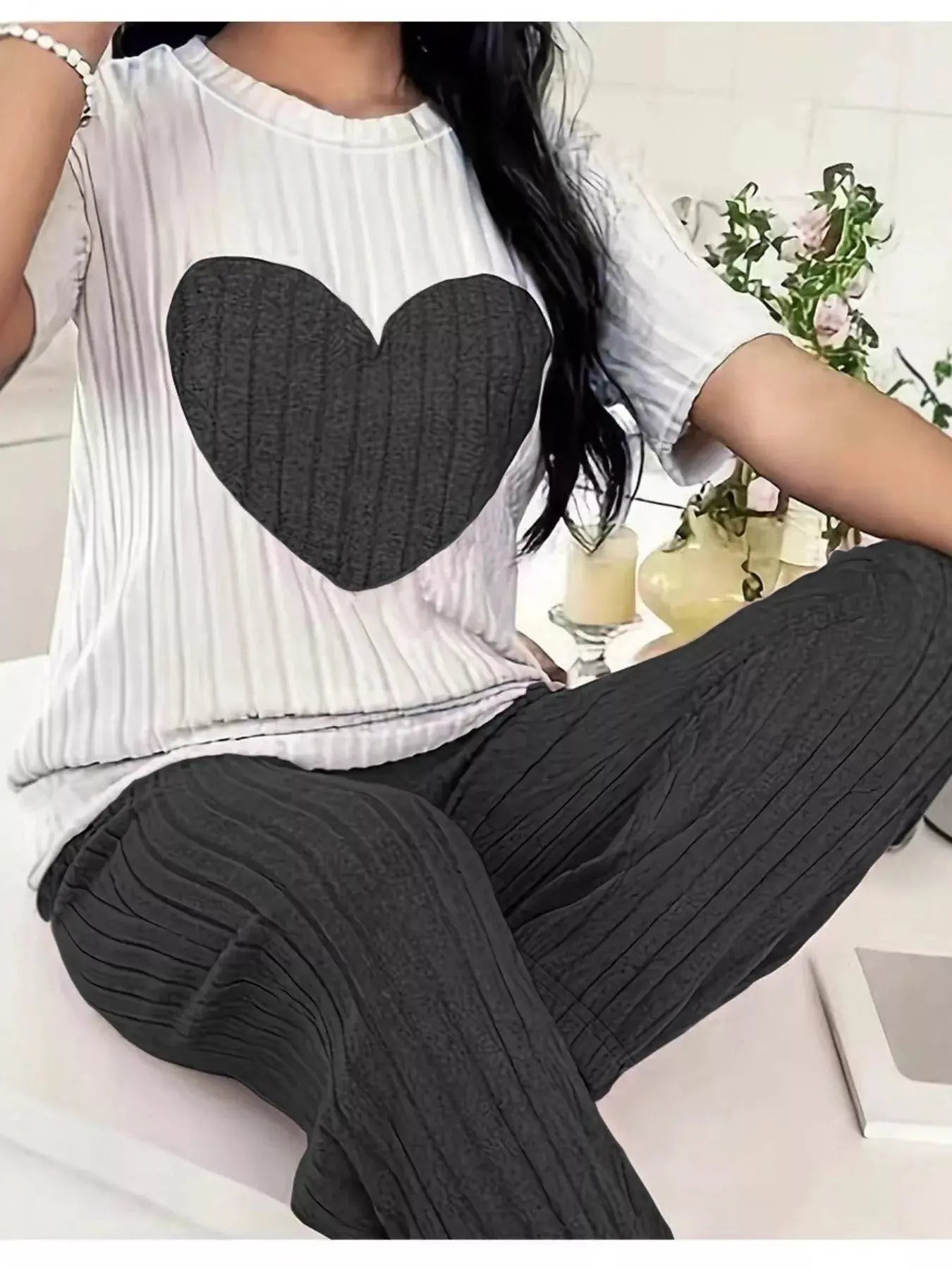 Heart Ribbed Knit Top and Pants Lounge Set  Style Ratio