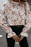 Floral Print Mock Neck Flounce Sleeve Blouse  Style Ratio