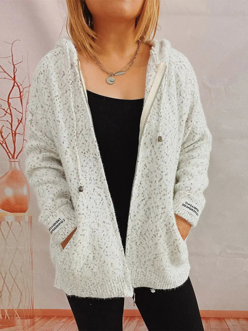Zip Up Drawstring Long Sleeve Hooded Sweater  Style Ratio