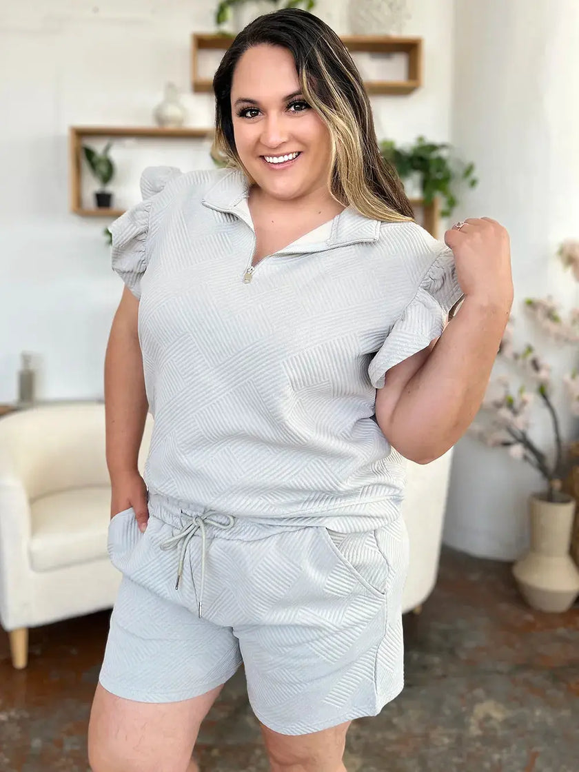 Double Take Texture Flounce Sleeve Top and Drawstring Shorts Set  Style Ratio