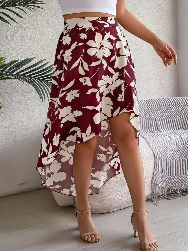 Floral Print Ruffle Hem Asymmetrical Skirt  Style Ratio
