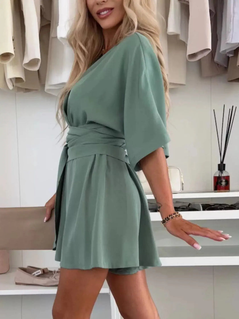Full Size Surplice Tie Waist Romper  Style Ratio
