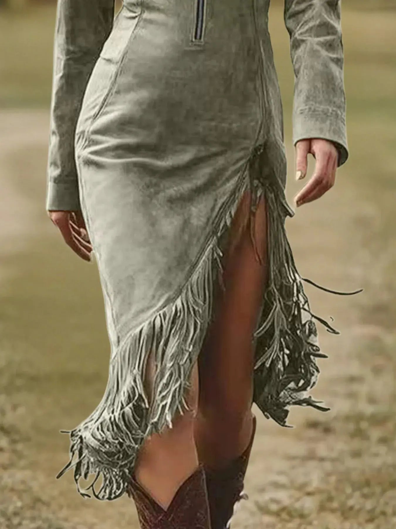 Full Size Fringe Hem Zip Front Bodycon Dress  Style Ratio