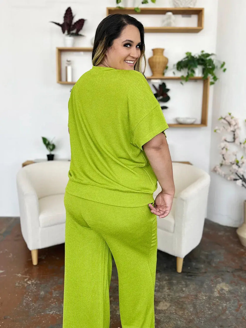 Double Take Texture Round Neck Short Sleeve Shirt and Wide Leg Pants  Style Ratio