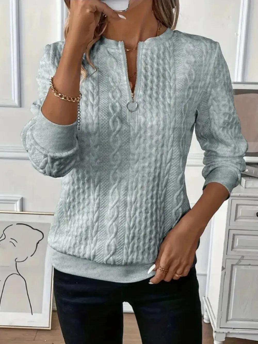 Texture Half Zip Long Sleeve Sweater  Style Ratio
