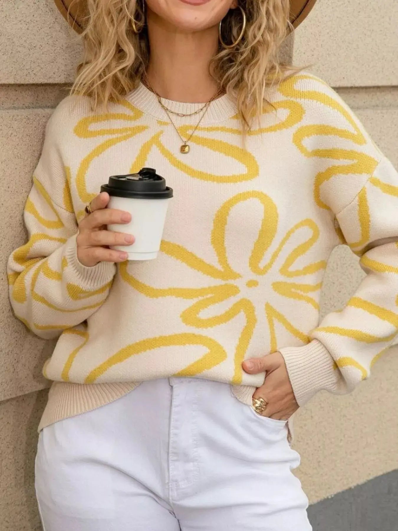 Flower Crew Neck Long Sleeve Sweater  Style Ratio