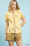 Umgee Printed Ruffle Trim Button Front Blouse  Style Ratio