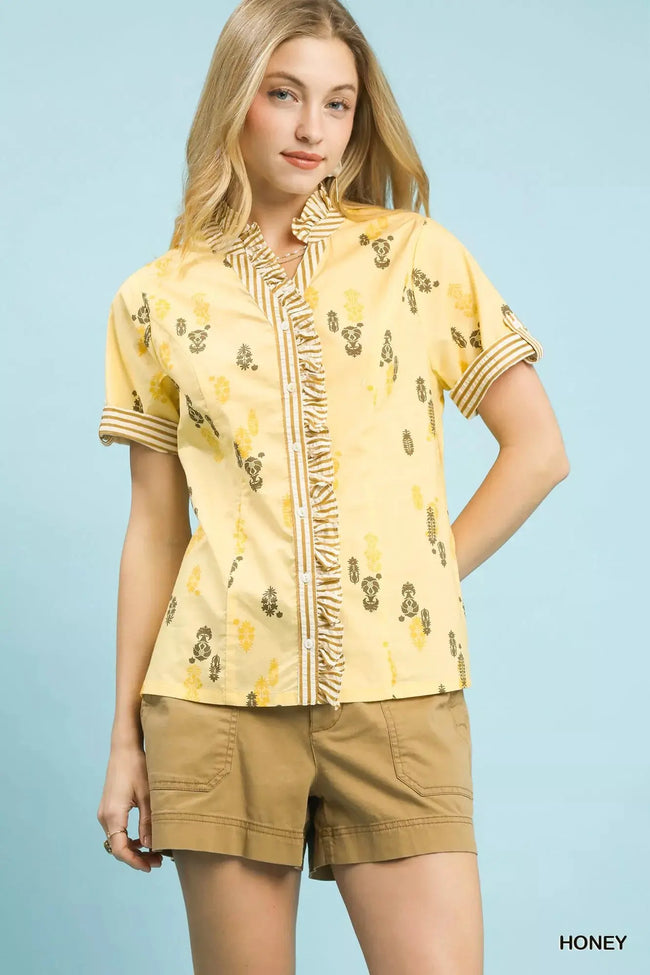 Umgee Printed Ruffle Trim Button Front Blouse  Style Ratio