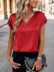 Satin V-Neck Short Sleeve Blouse  Style Ratio