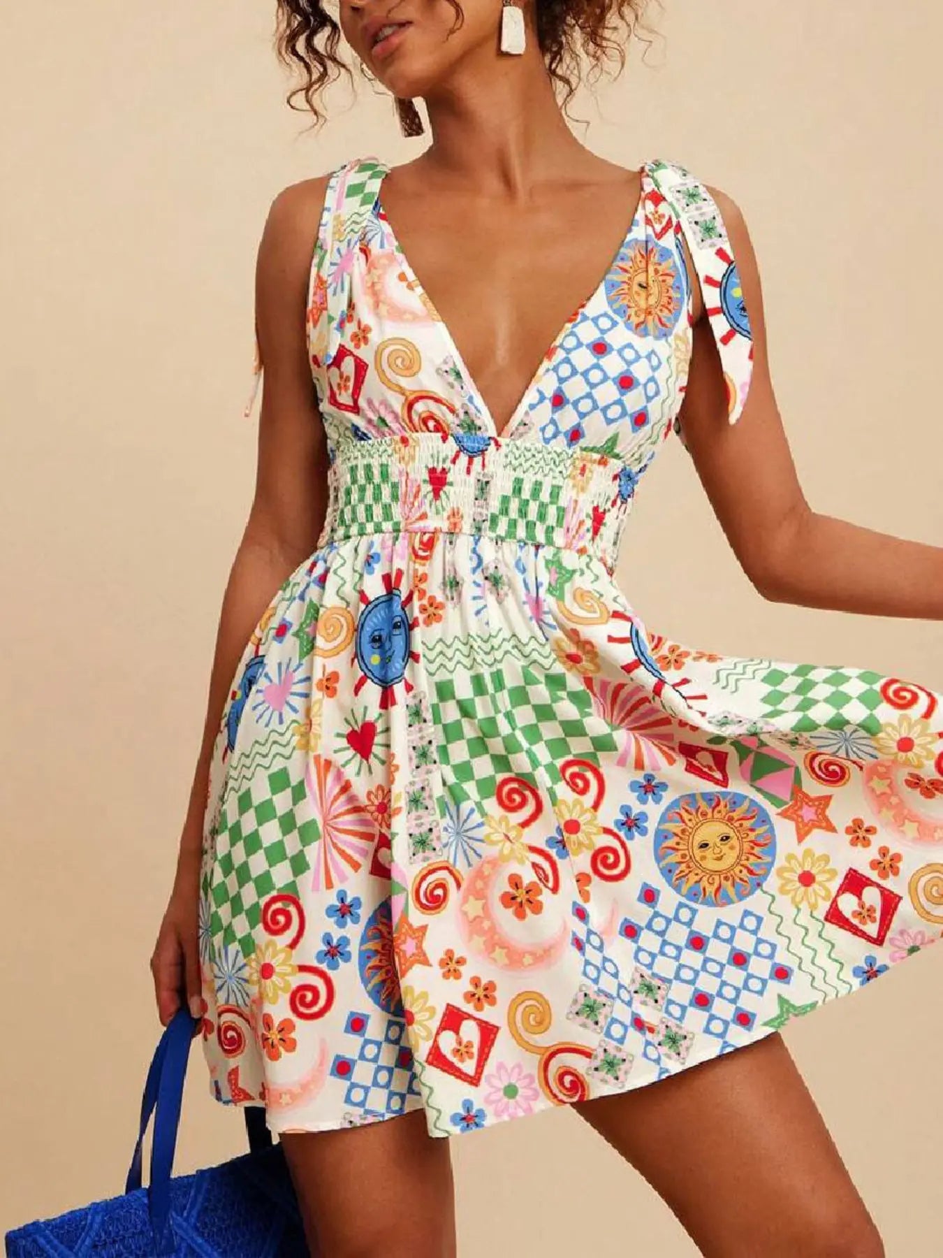 V-Neck Sleeveless Smocked Waist Printed Mini Dress  Style Ratio