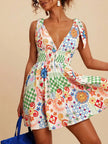 V-Neck Sleeveless Smocked Waist Printed Mini Dress  Style Ratio