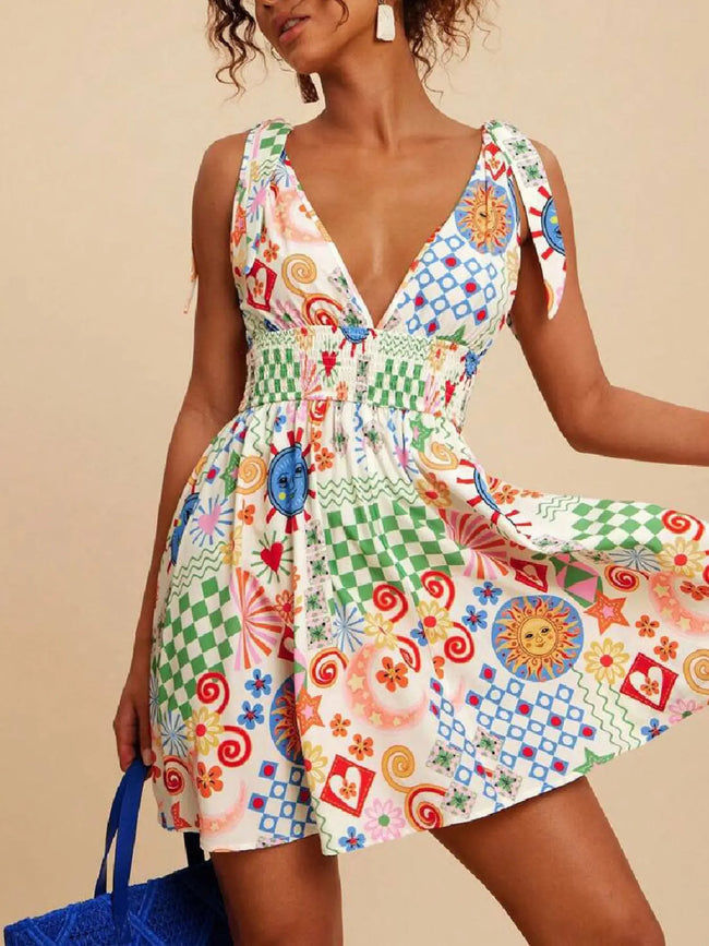 V-Neck Sleeveless Smocked Waist Printed Mini Dress  Style Ratio