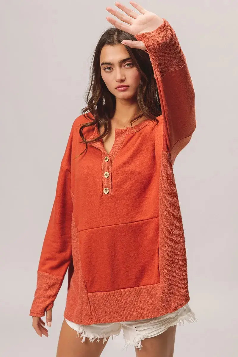 BiBi French Terry Knit Side Block Buttoned Henley Sweatshirt  Style Ratio