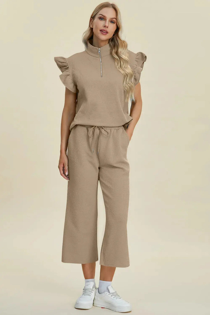 Double Take Full Size Texture Ruffle Short Sleeve Top and Wide Leg Pants Set  Style Ratio