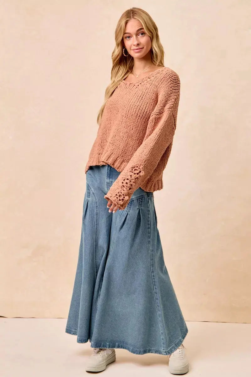 BiBi Chunky Knit Sweater with Flower Detail Sleeves  Style Ratio