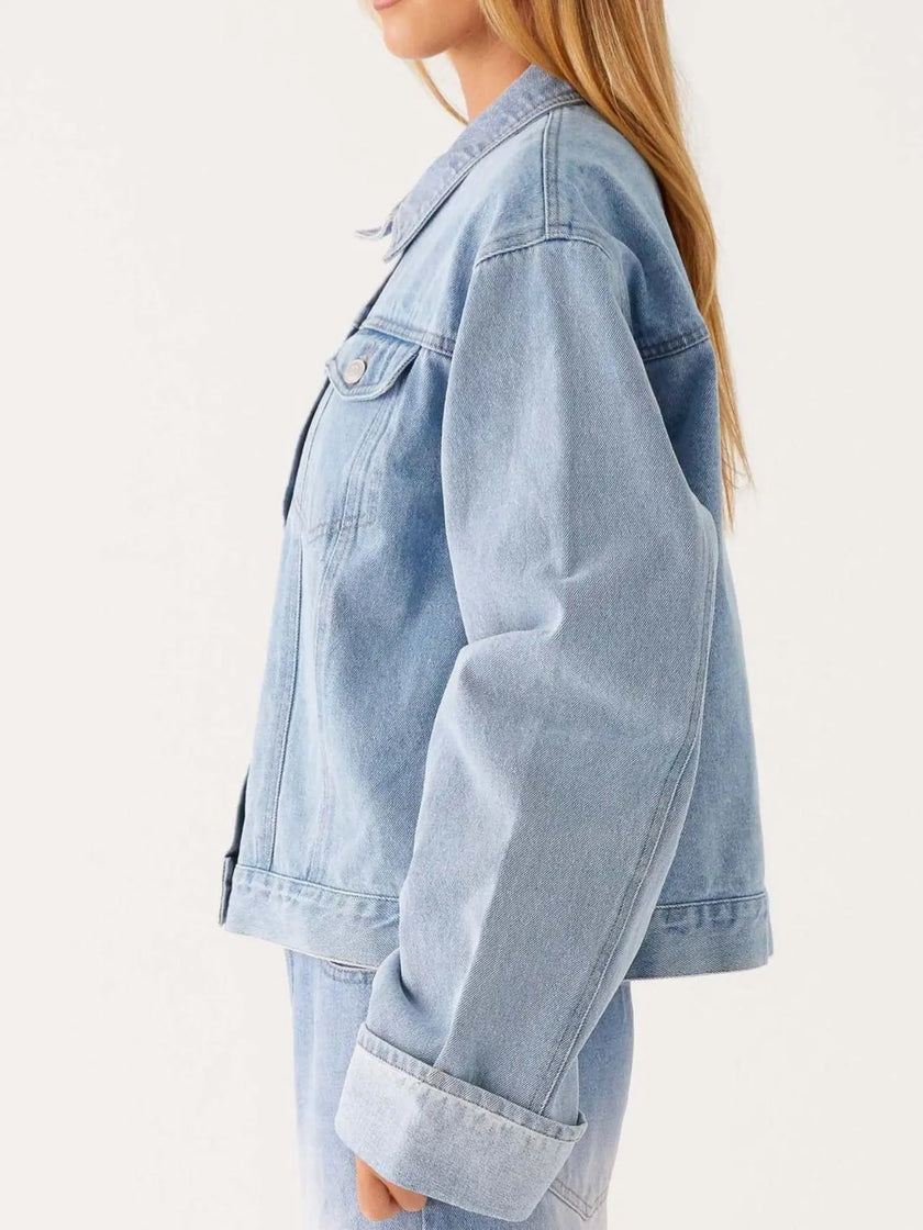 Button Down Cropped Oversized Denim Jacket  Style Ratio
