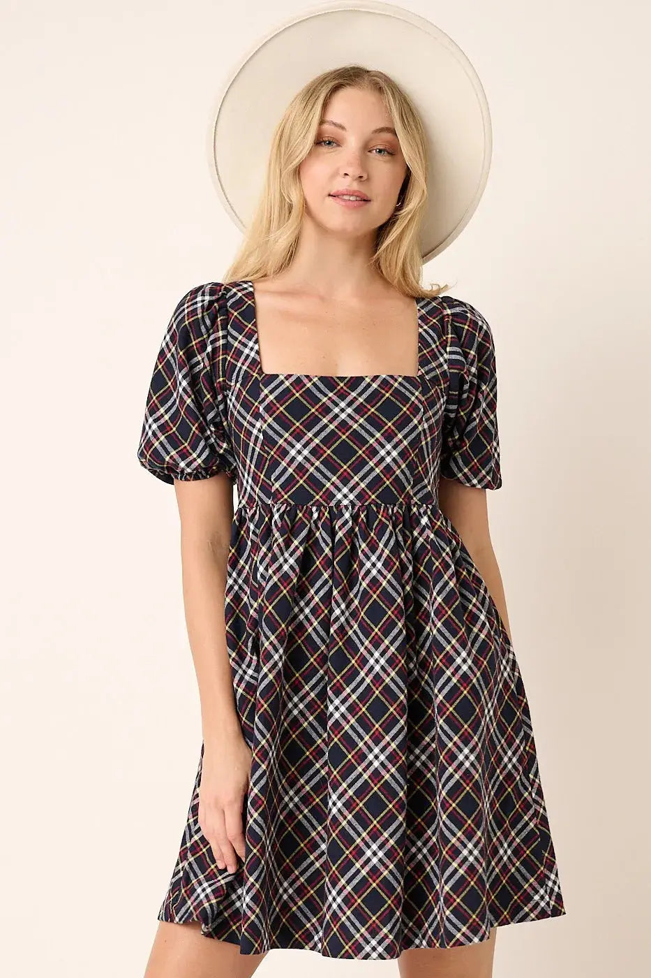 Mittoshop Checkered Print Puff Sleeve Babydoll Mini Dress  Style Ratio