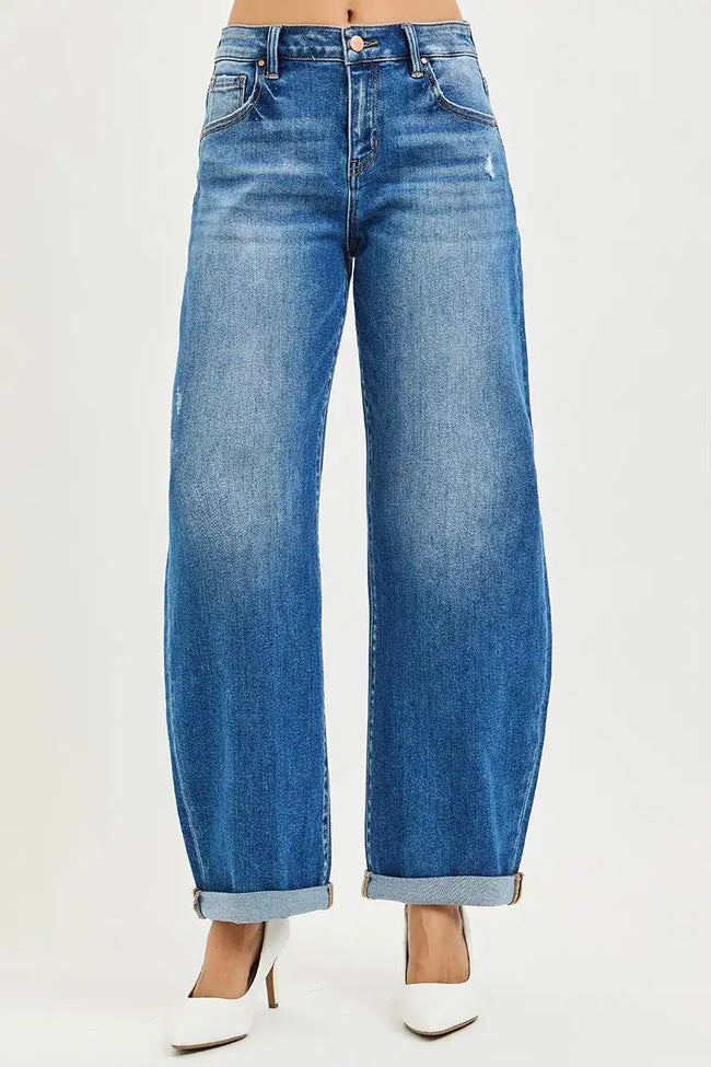 RISEN Full Size Mid Rise Barrel Double Roll Up Jeans  Style Ratio