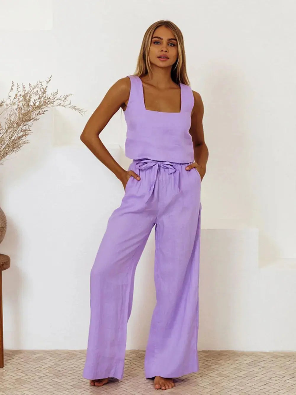 Square Neck Sleeveless Top and Pants Set  Style Ratio