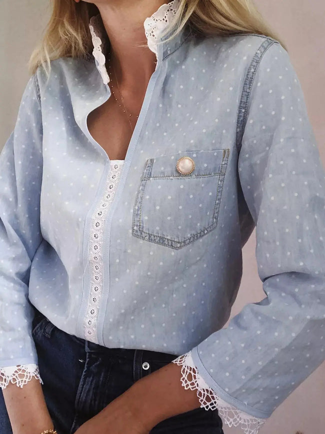 Lace Trim Patchwork Dotted Print Collared Blouse  Style Ratio
