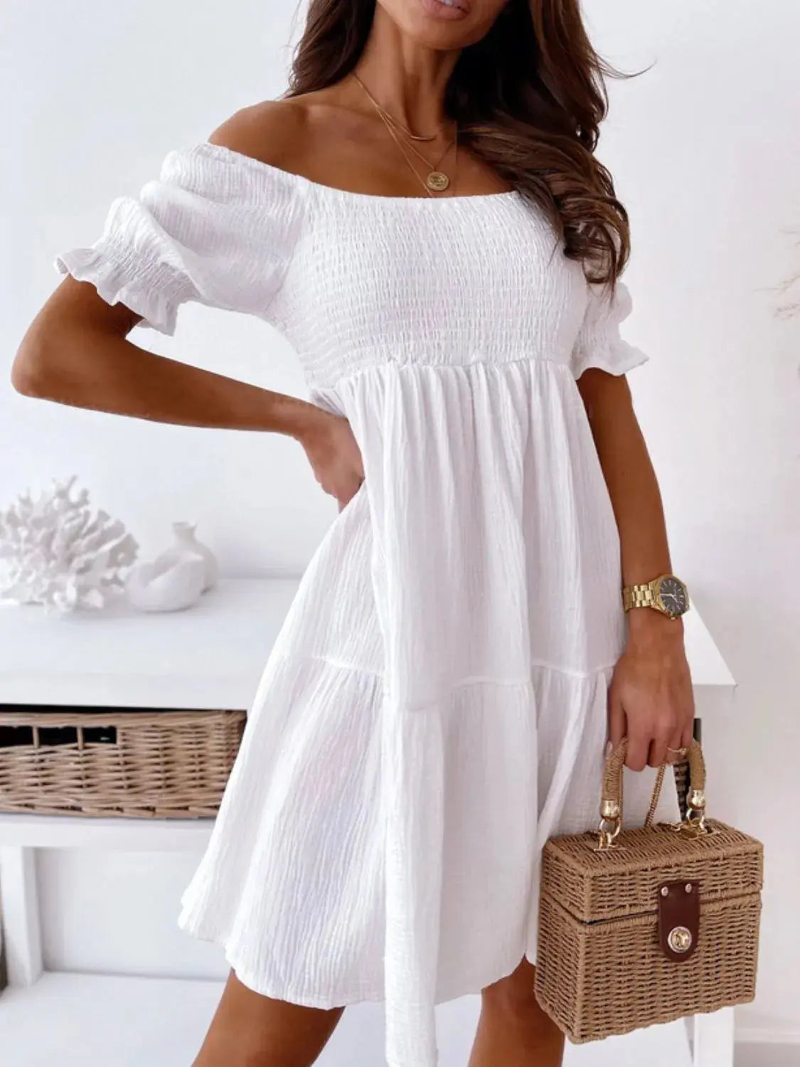 Smocked Off-Shoulder Mini Dress  Style Ratio