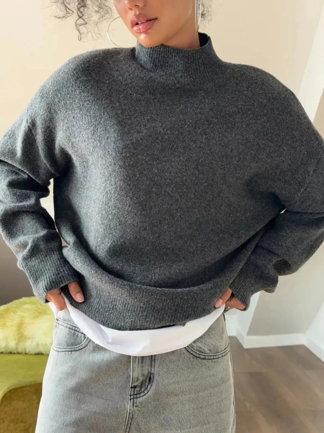 Mock Neck Dropped Shoulder Sweater  Style Ratio