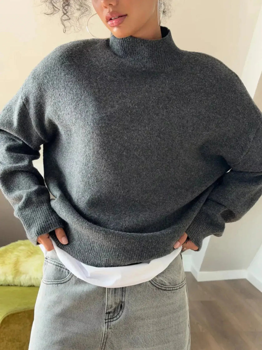 Mock Neck Dropped Shoulder Sweater  Style Ratio
