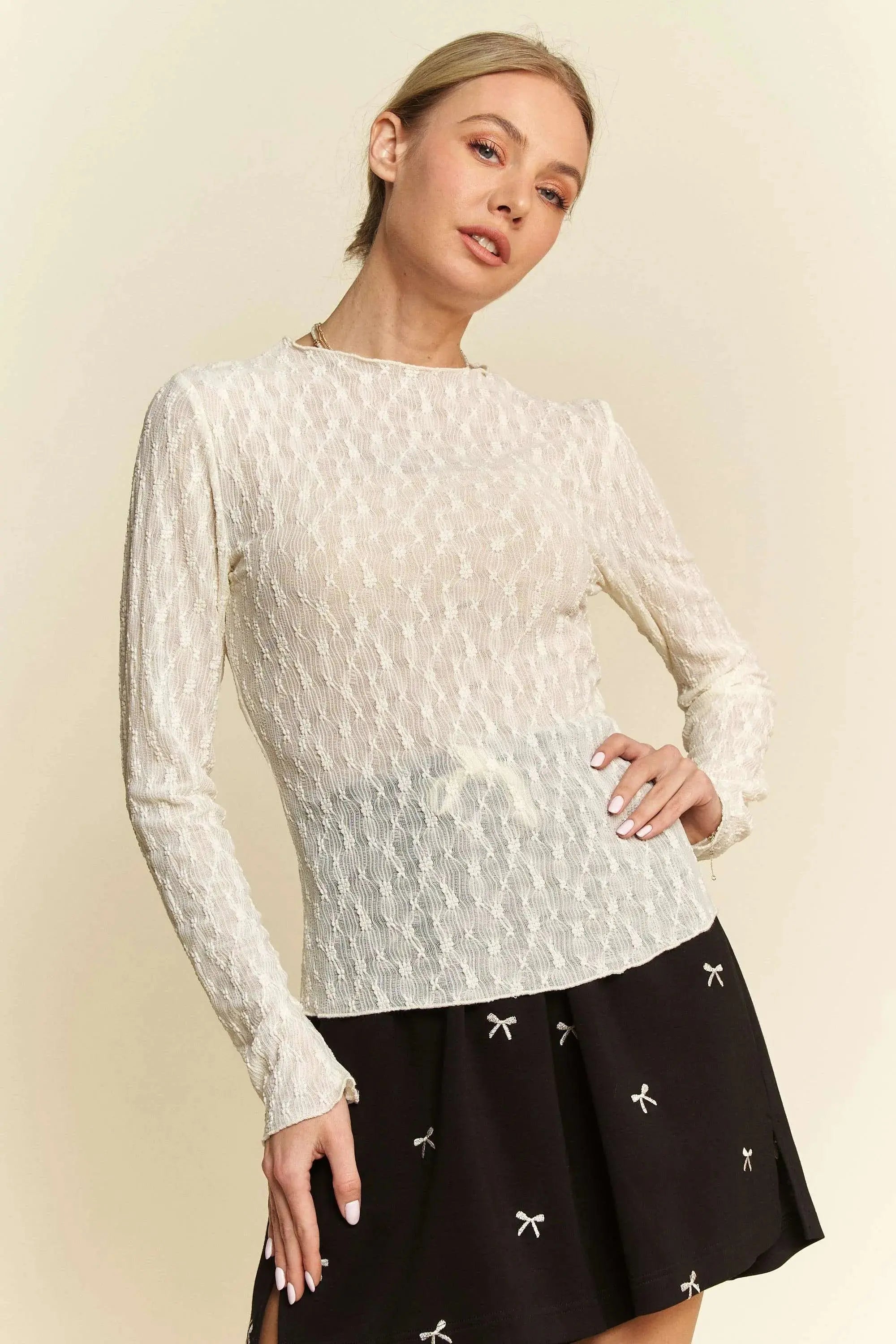 Davi & Dani Long Sleeve Sheer Small Embroidered Bows Lace Blouse  Style Ratio