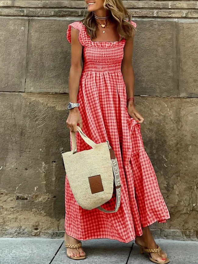 Plaid Ruffle Sleeve Maxi Dress  Style Ratio